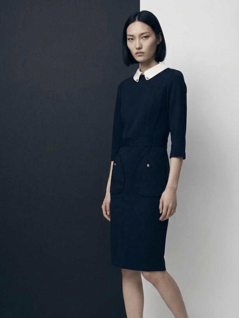 Victoria by Victoria Beckham Navy Midi Dress with White Peter Pan Collar